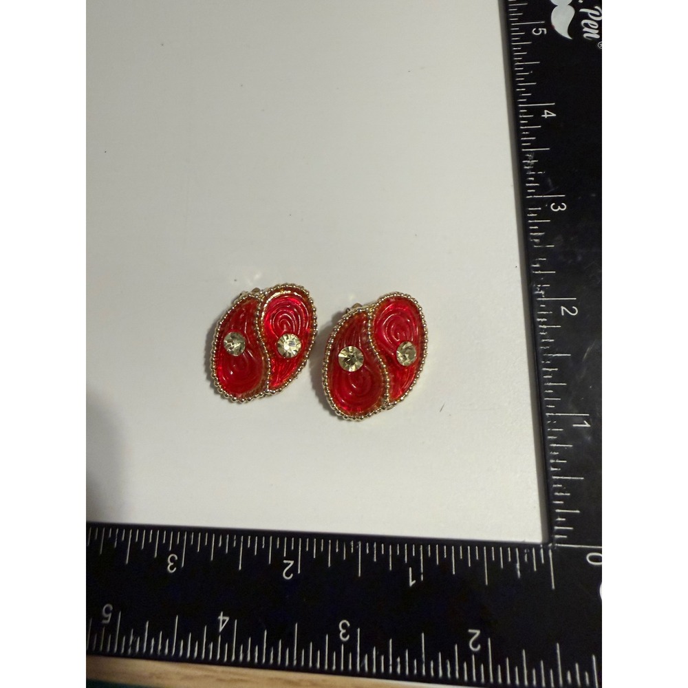 Vintage Red Enamel Swirl Clip On Earrings Gold Tone Rhinestone Accent Oval Retro